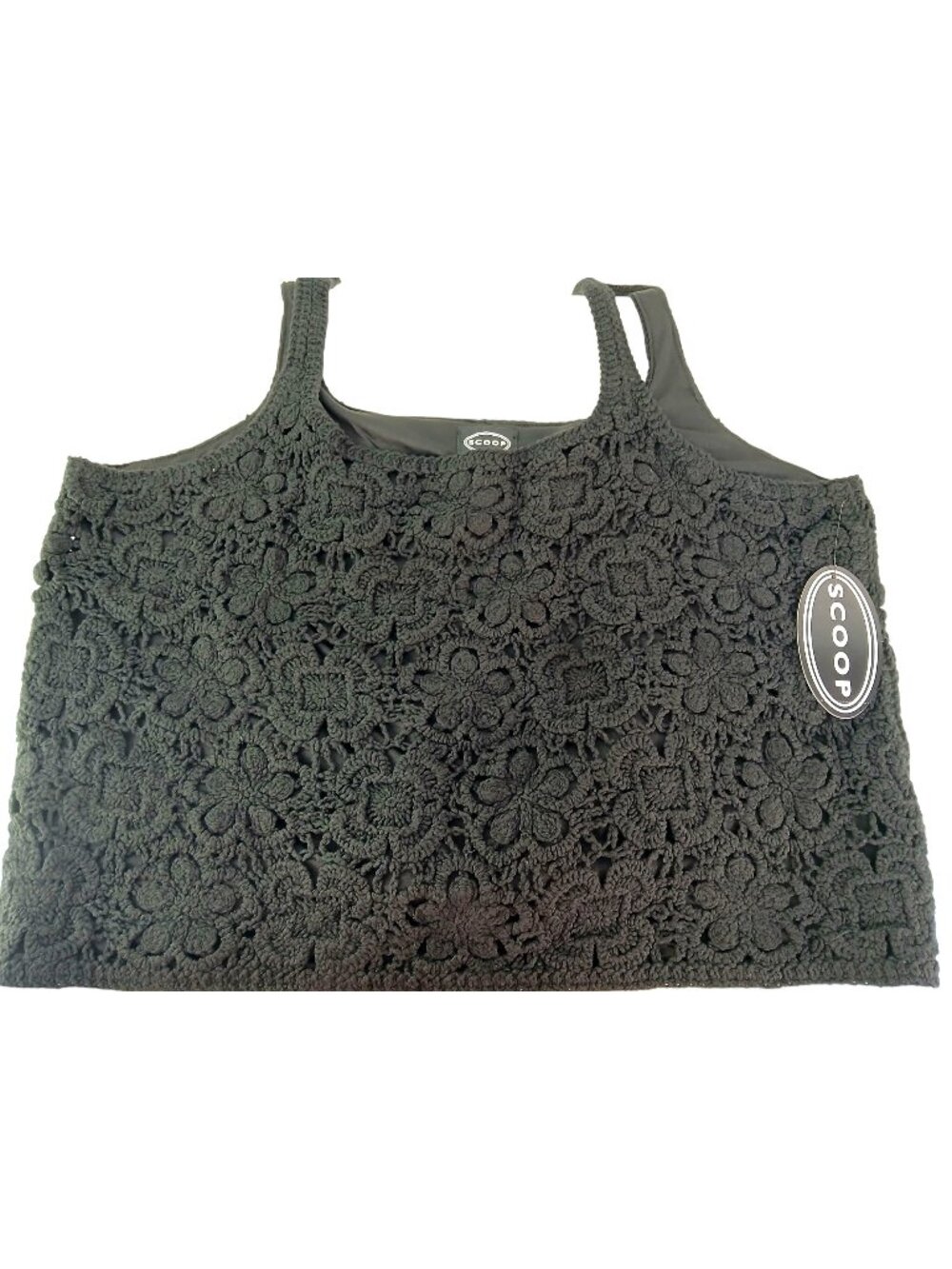New Scoop Womens Black Square Neck Crochet Cotton Tank Top Size XXL Floral Lined